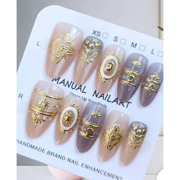 Handmade Press On Nails Gel Almond Blue Baroque Trendy Star Moon Celestial Mediu - Picture 2 of 4